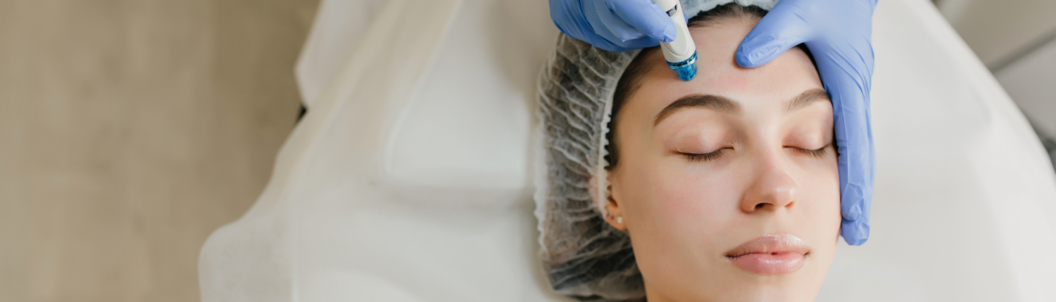 View from above of beautiful woman enjoying cosmetology procedures, rejuvenation in beauty salon. Dermatology, doctor at work, healthcare, therapy, botox. Place for text.